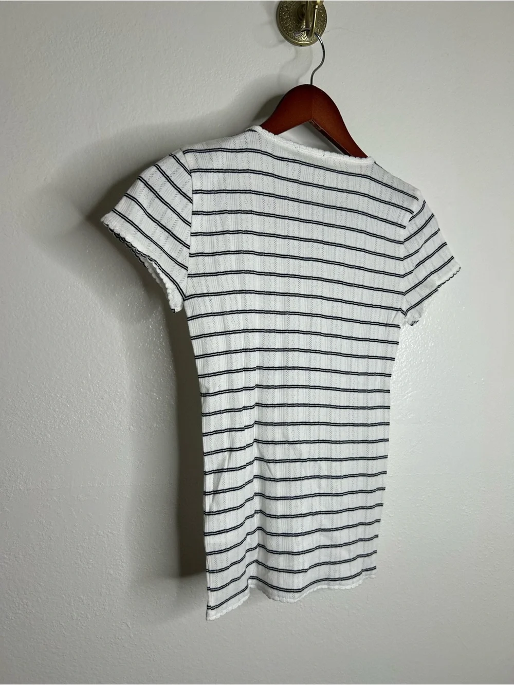 NWT J. Crew 100% Cotton Pointelle Knit White Black Striped Crew Neck T - Shirt